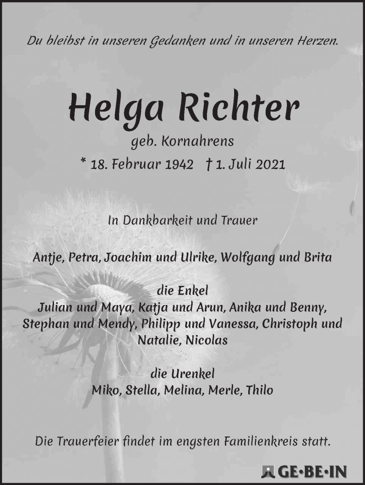 Traueranzeige von Helga Richter von WESER-KURIER