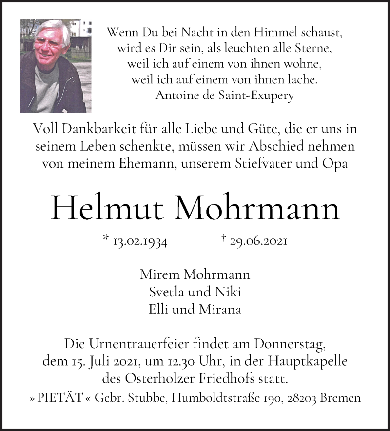 Traueranzeige von Helmut Mohrmann von WESER-KURIER