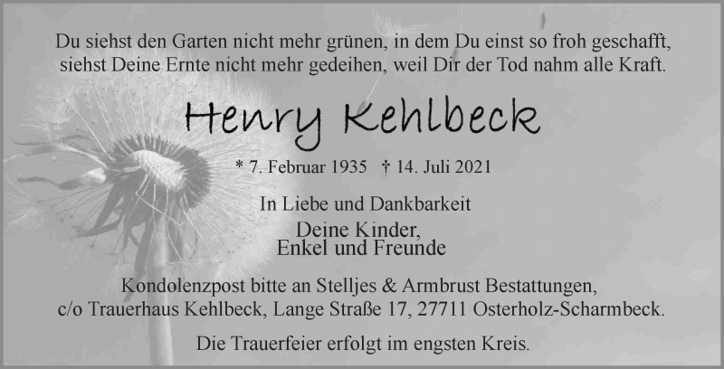 Traueranzeige von Henry Kehlbeck von WESER-KURIER
