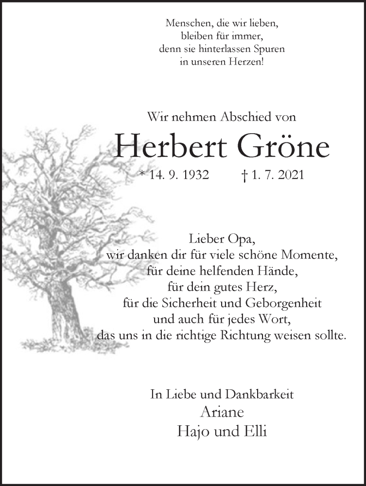Traueranzeige von Herbert   Gröne von WESER-KURIER