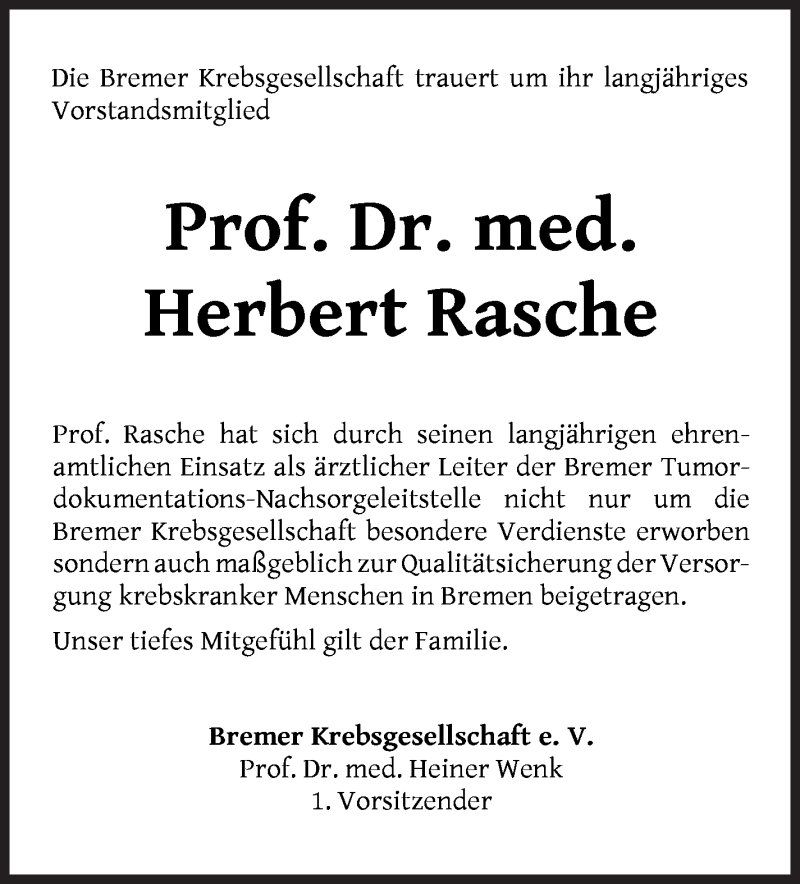 Traueranzeige von Herbert Rasche von WESER-KURIER
