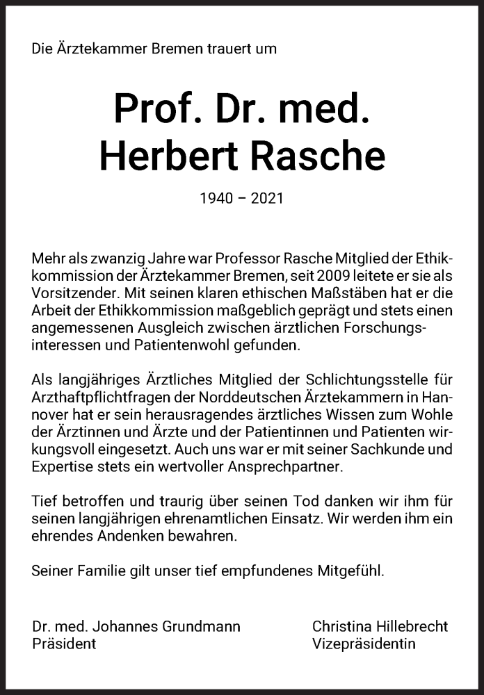 Traueranzeige von Herbert Rasche von WESER-KURIER