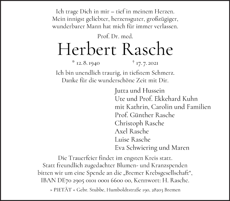 Traueranzeige von Herbert Rasche von WESER-KURIER