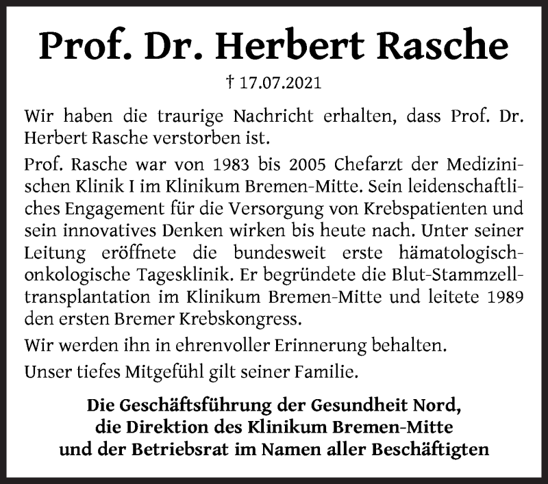 Traueranzeige von Herbert Rasche von WESER-KURIER
