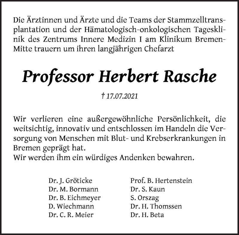 Traueranzeige von Herbert Rasche von WESER-KURIER
