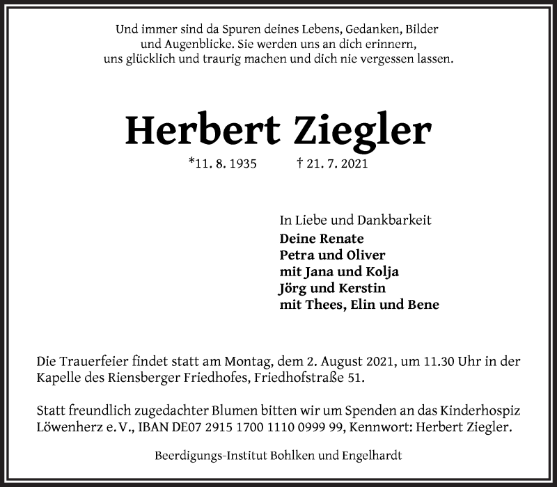 Traueranzeige von Herbert Ziegler von WESER-KURIER