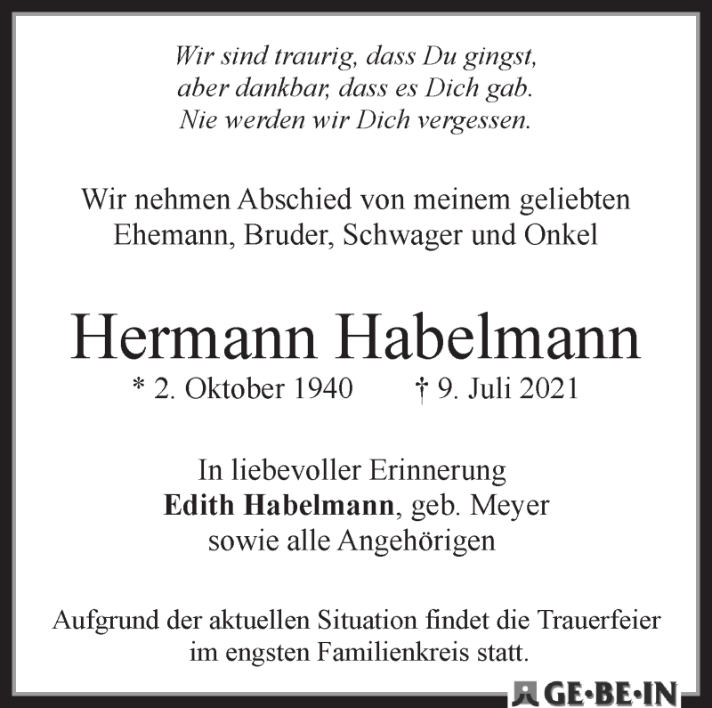 Traueranzeige von Hermann Habelmann von WESER-KURIER