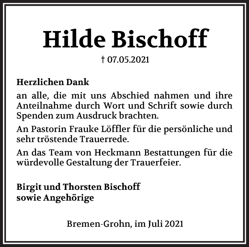 Traueranzeige von Hilde Bischoff von Die Norddeutsche
