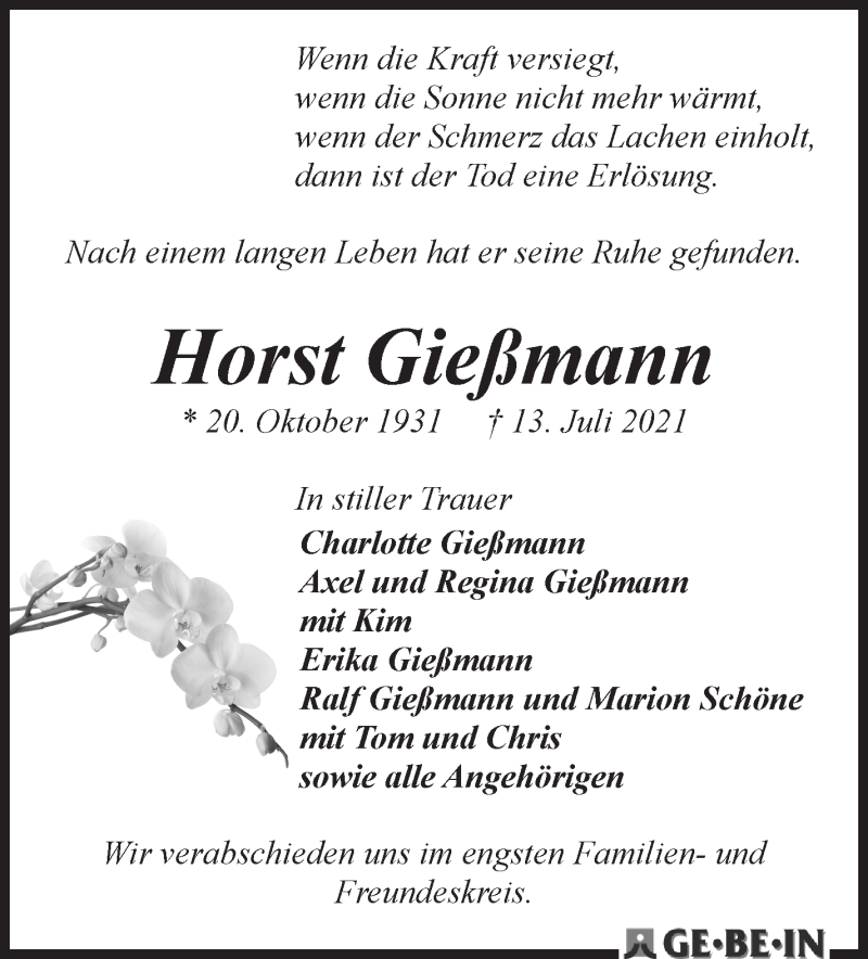 Traueranzeige von Horst Gießmann von WESER-KURIER