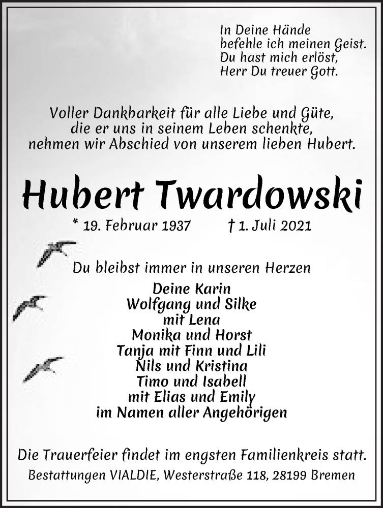 Traueranzeige von Hubert Twardowski von WESER-KURIER