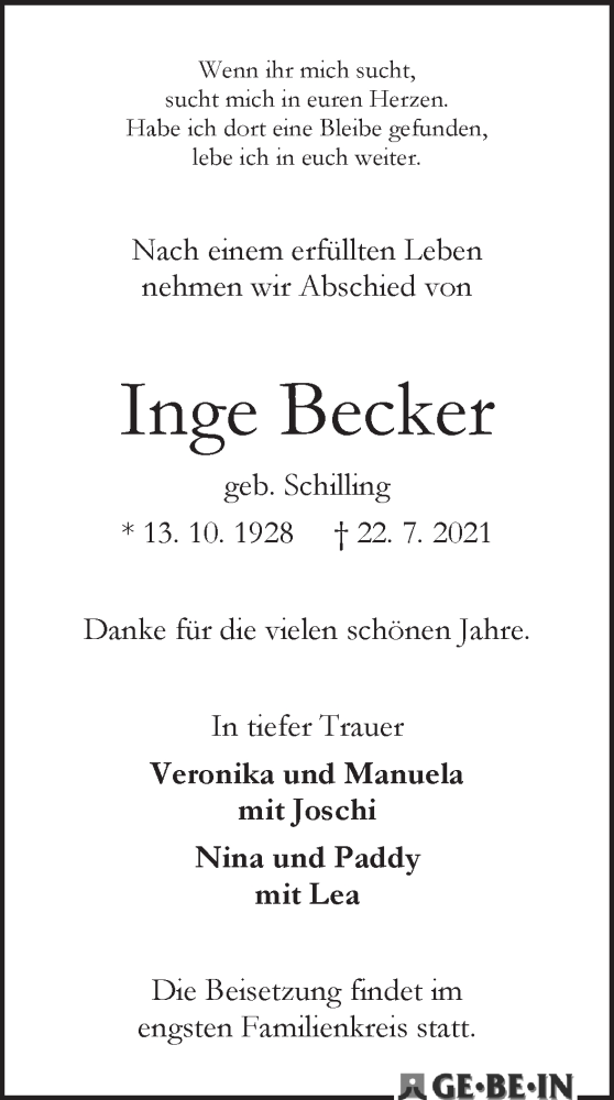Traueranzeige von Inge Becker von WESER-KURIER