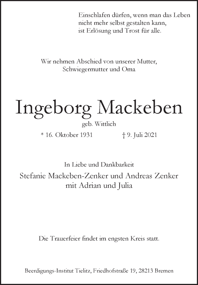 Traueranzeige von Ingeborg Mackeben von WESER-KURIER