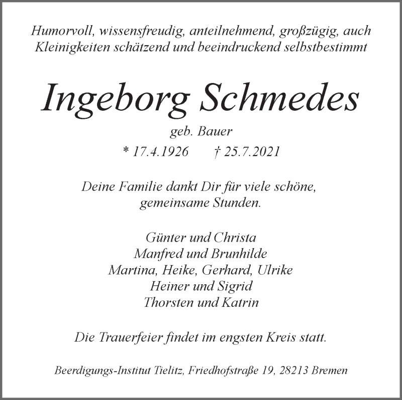 Traueranzeige von Ingeborg Schmedes von WESER-KURIER