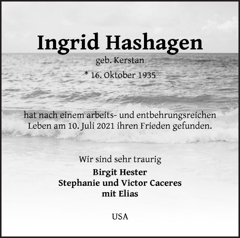 Traueranzeige von Ingrid Hashagen von Die Norddeutsche
