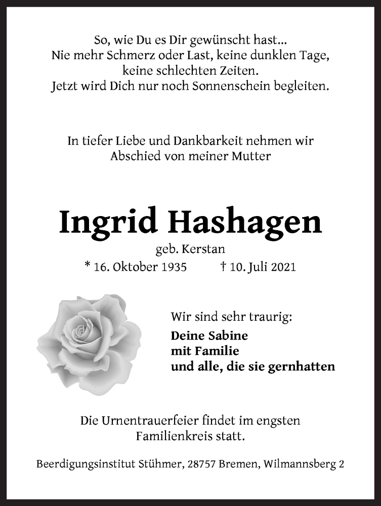 Traueranzeige von Ingrid Hashagen von Die Norddeutsche