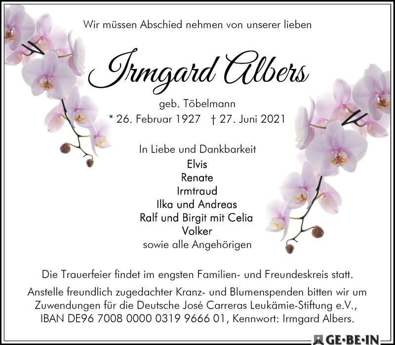 Traueranzeige von Irmgard Albers von WESER-KURIER