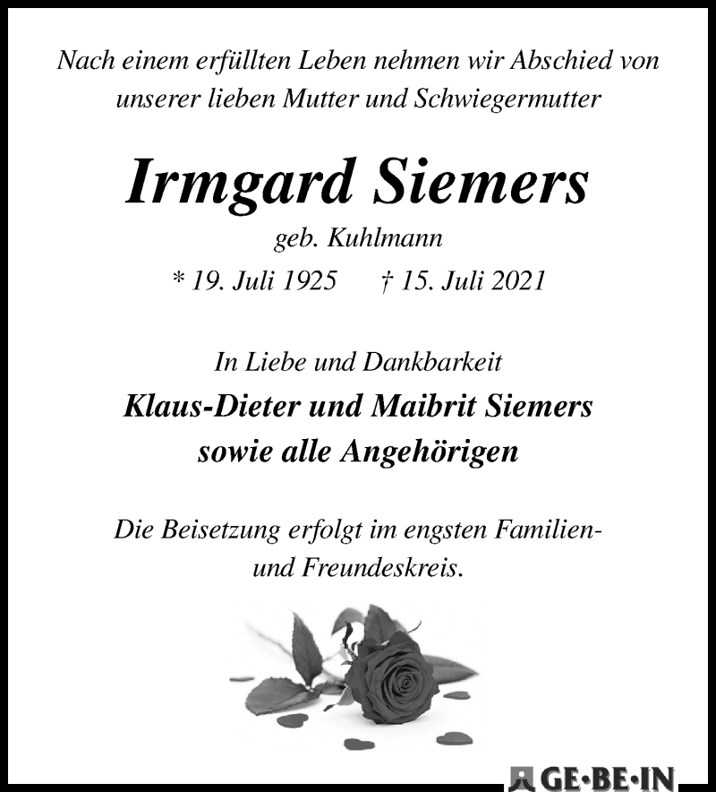 Traueranzeige von Irmgard Siemers von WESER-KURIER