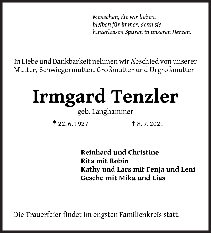 Traueranzeige von Irmgard Tenzler von Die Norddeutsche