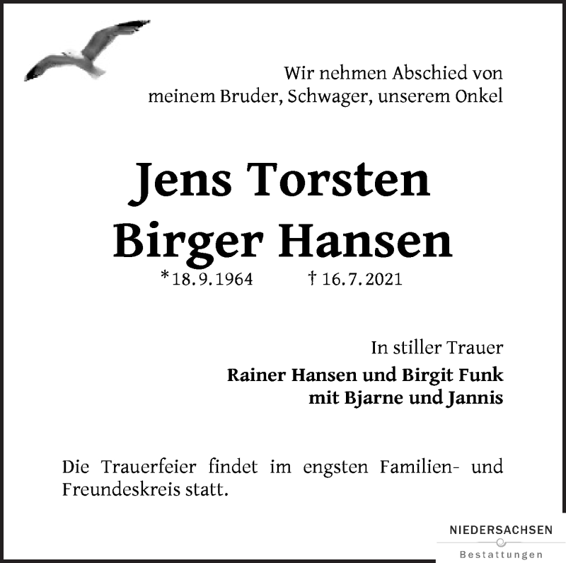 Traueranzeige von Jens Torsten Birger Hansen von WESER-KURIER