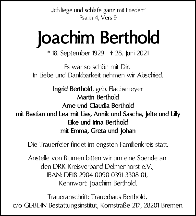 Traueranzeige von Joachim Berthold von WESER-KURIER