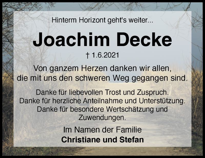 Traueranzeige von Joachim Decke von Regionale Rundschau/Syker Kurier