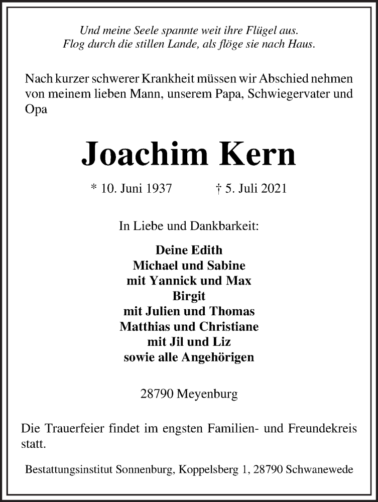 Traueranzeige von Joachim Kern von Die Norddeutsche