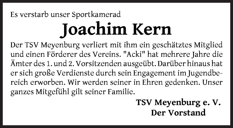 Traueranzeige von Joachim Kern von Die Norddeutsche