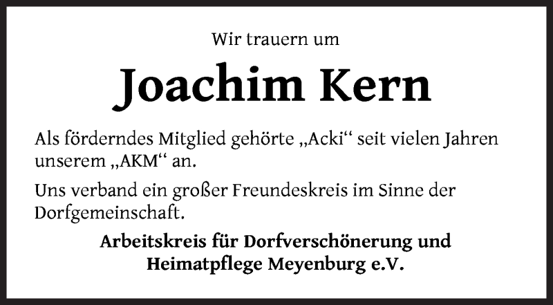 Traueranzeige von Joachim Kern von Die Norddeutsche