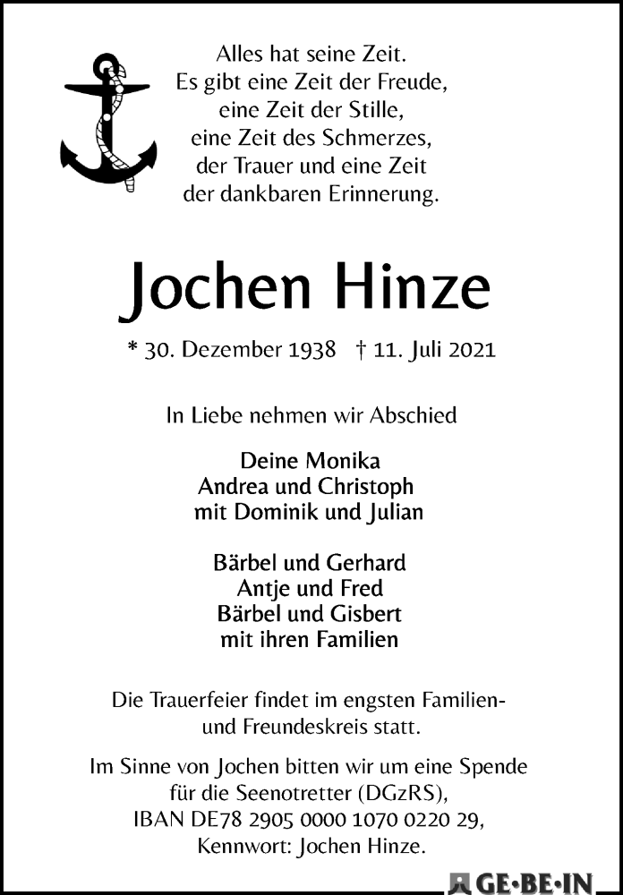 Traueranzeige von Jochen Hinze von WESER-KURIER