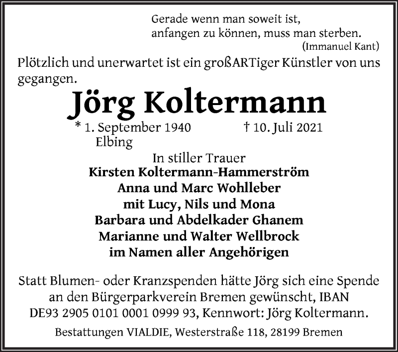 Traueranzeige von Jörg Koltermann von WESER-KURIER