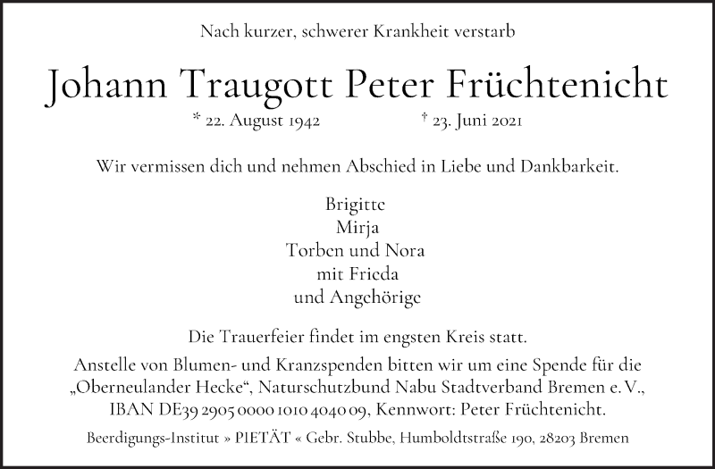 Traueranzeige von Johann Traugott Peter Früchtenicht von WESER-KURIER