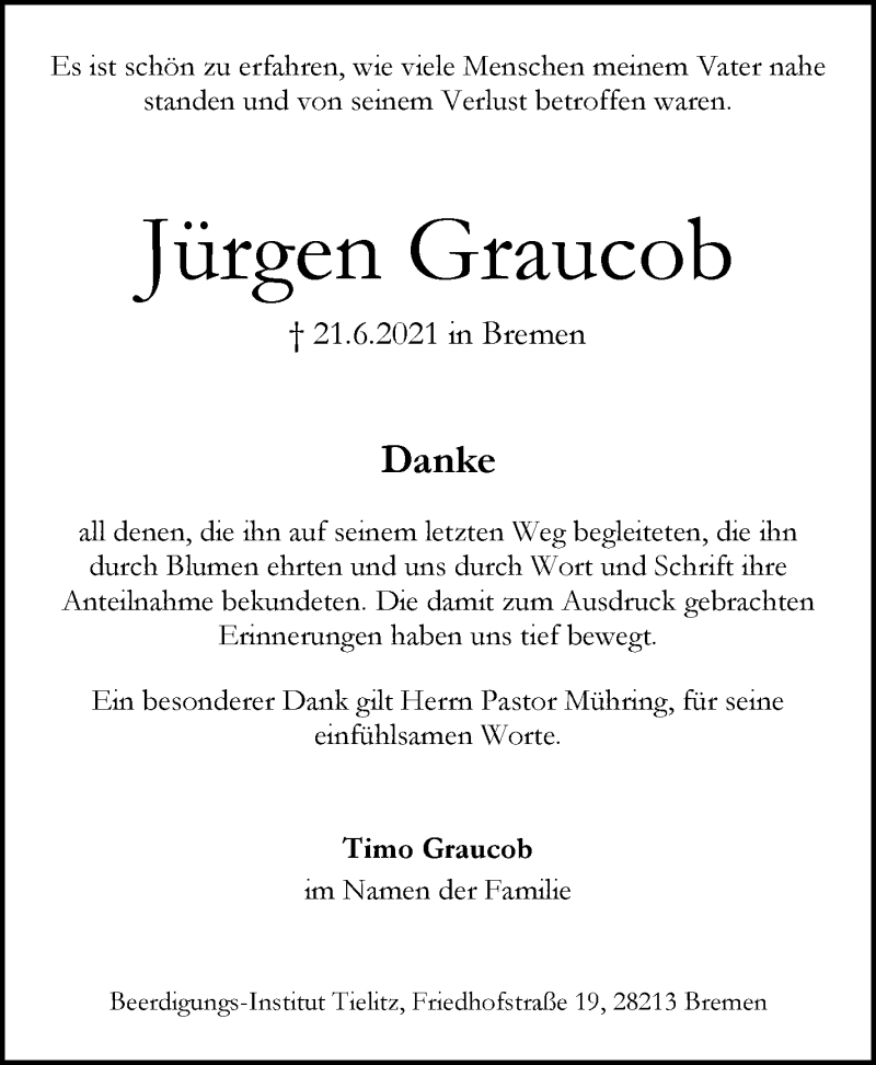 Traueranzeige von Jürgen Graucob von WESER-KURIER