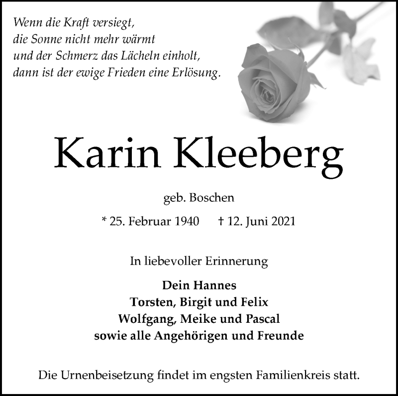 Traueranzeige von Karin Kleeberg von WESER-KURIER