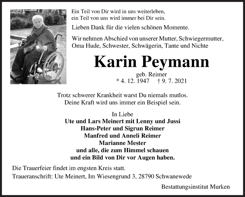 Traueranzeige von Karin Peymann von Osterholzer Kreisblatt