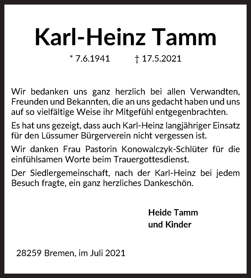 Traueranzeige von Karl-Heinz Tamm von Die Norddeutsche
