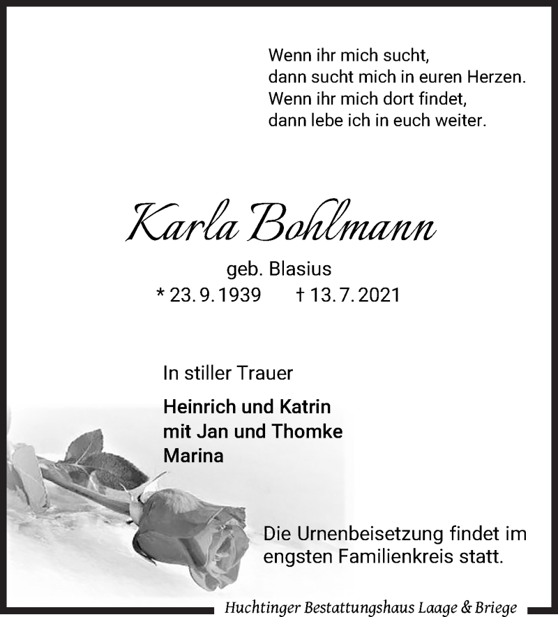 Traueranzeige von Karla Bohlmann von WESER-KURIER