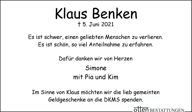 Traueranzeige von Klaus Benken von Osterholzer Kreisblatt