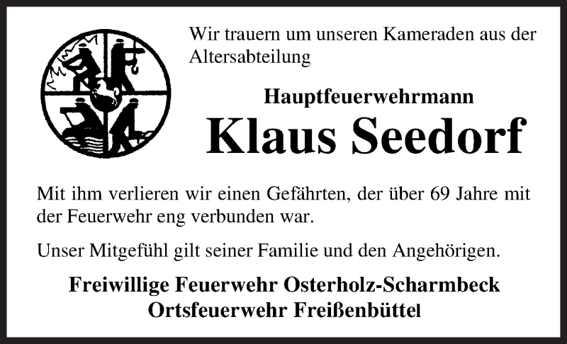 Traueranzeige von Klaus Seedorf von Osterholzer Kreisblatt