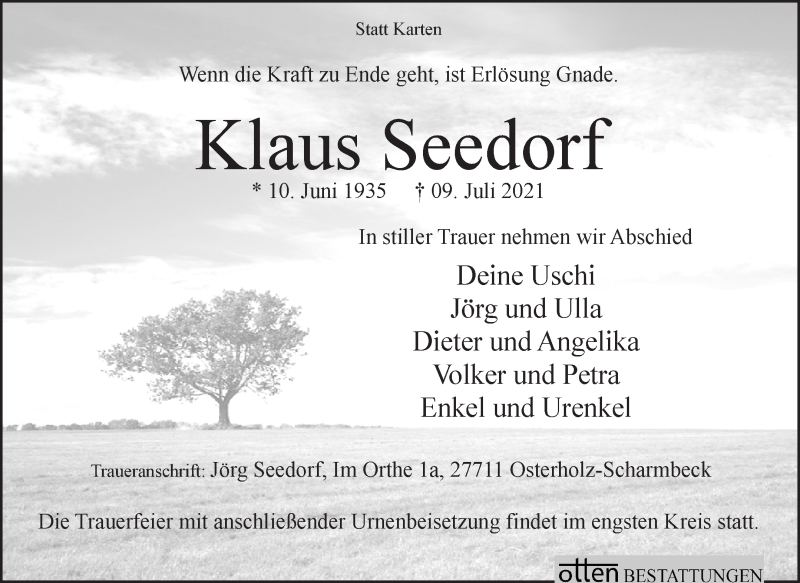 Traueranzeige von Klaus Seedorf von Osterholzer Kreisblatt