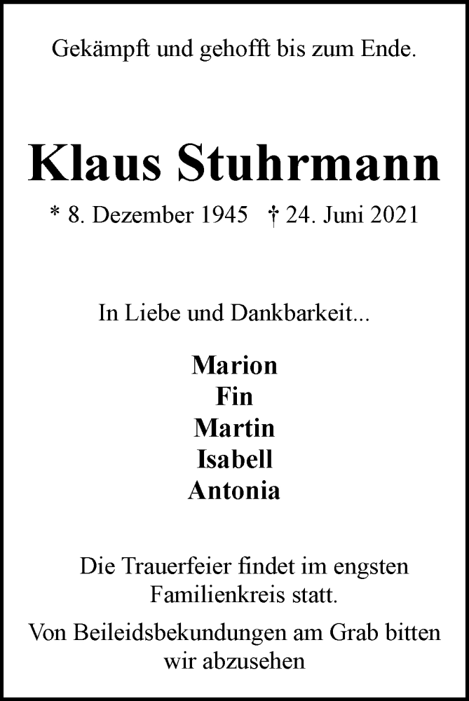 Traueranzeige von Klaus Stuhrmann von WESER-KURIER