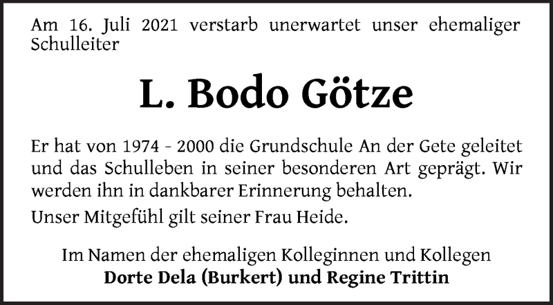 Traueranzeige von L.Bodo Götze von WESER-KURIER