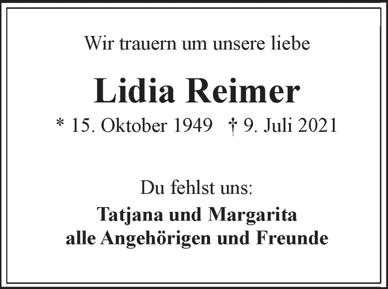 Traueranzeige von Lidia Reimer von WESER-KURIER