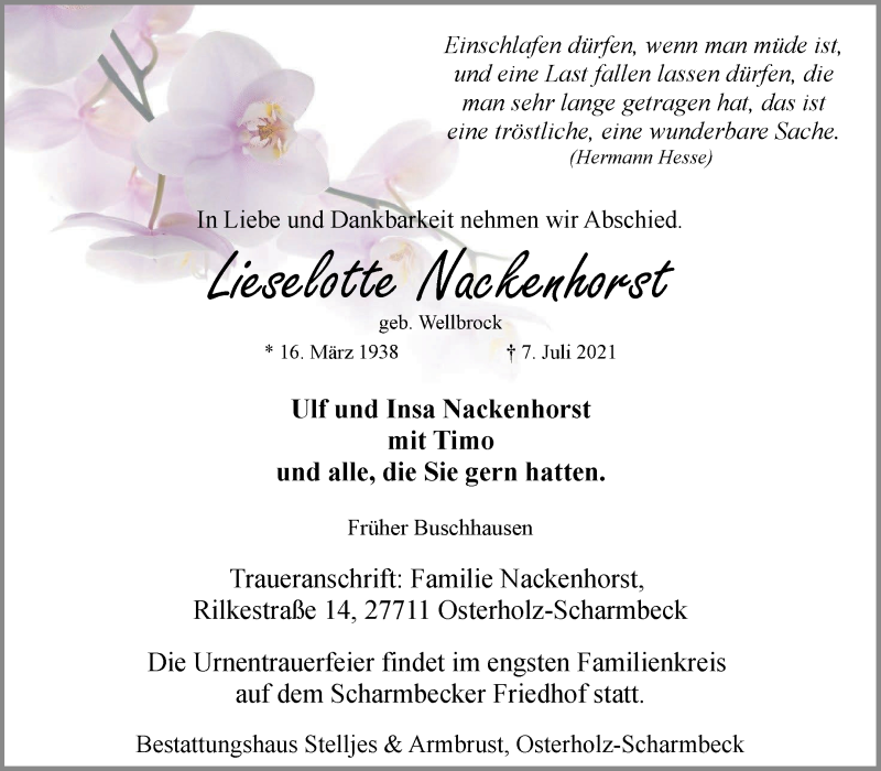 Traueranzeige von Lieselotte Nackenhorst von Wuemme Zeitung