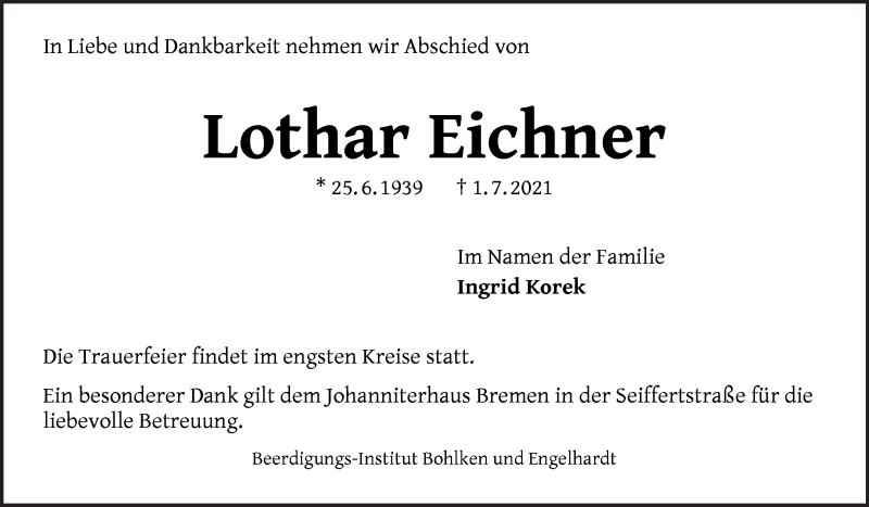 Traueranzeige von Lothar Eichner von WESER-KURIER
