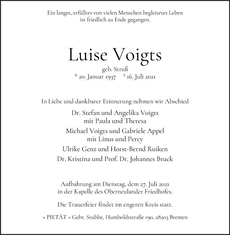 Traueranzeige von Luise Voigts von WESER-KURIER