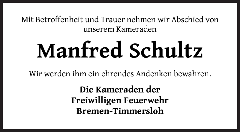 Traueranzeige von Manfred Schultz von Wuemme Zeitung