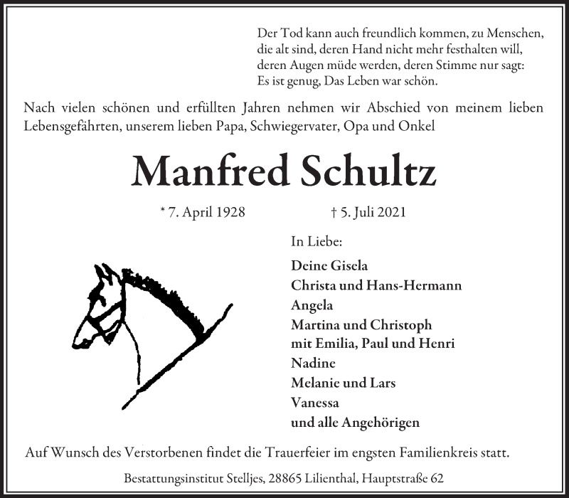 Traueranzeige von Manfred Schultz von Wuemme Zeitung