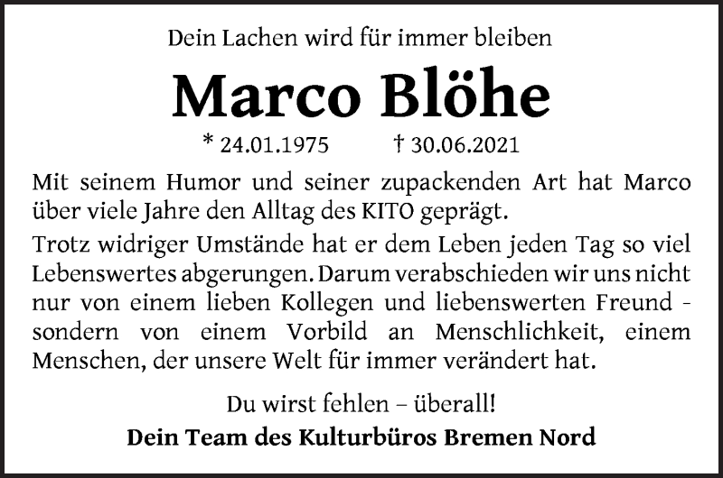 Traueranzeige von Marco Blöhe von Die Norddeutsche