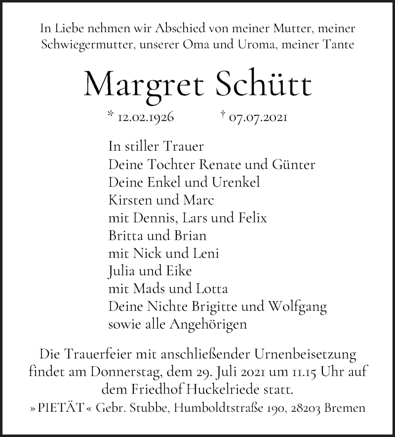 Traueranzeige von Margret Schütt von WESER-KURIER