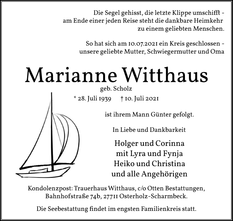 Traueranzeige von Marianne Witthaus von Osterholzer Kreisblatt
